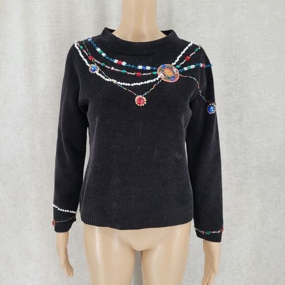 Christopher Radko Vintage Black Chenille Sweater With Beautiful Gems + Beading - Picture 1 of 10